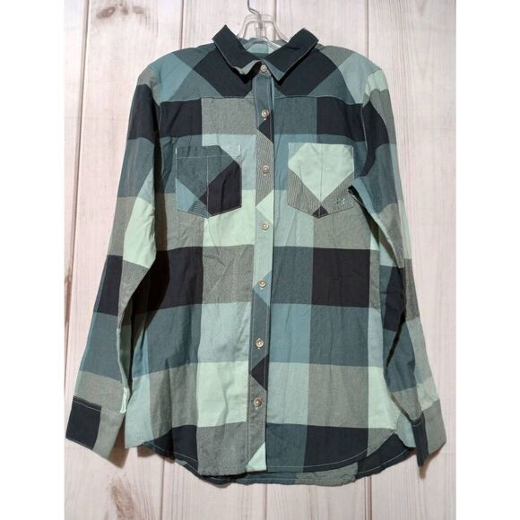 Under Armour Shirt Ladies Medium Teal Plaid Button Front Long Sleeve Flannel Gor - Picture 1 of 9